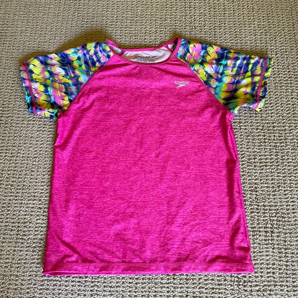 Girls Speedo swim rash guard with 50 SPF.